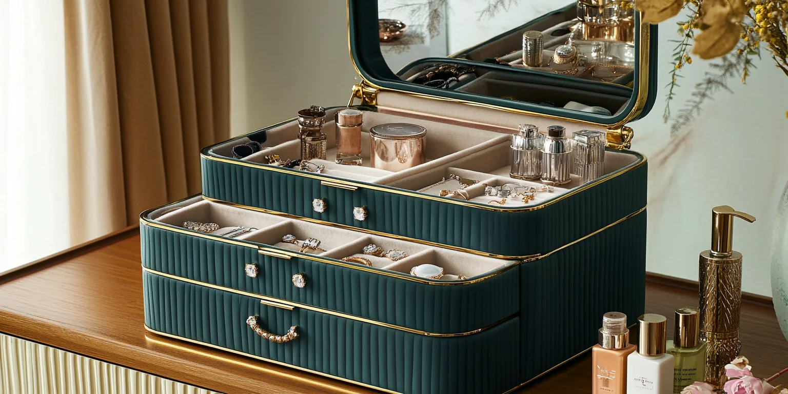 Green large jewellery storage and jewelry box drawers open.